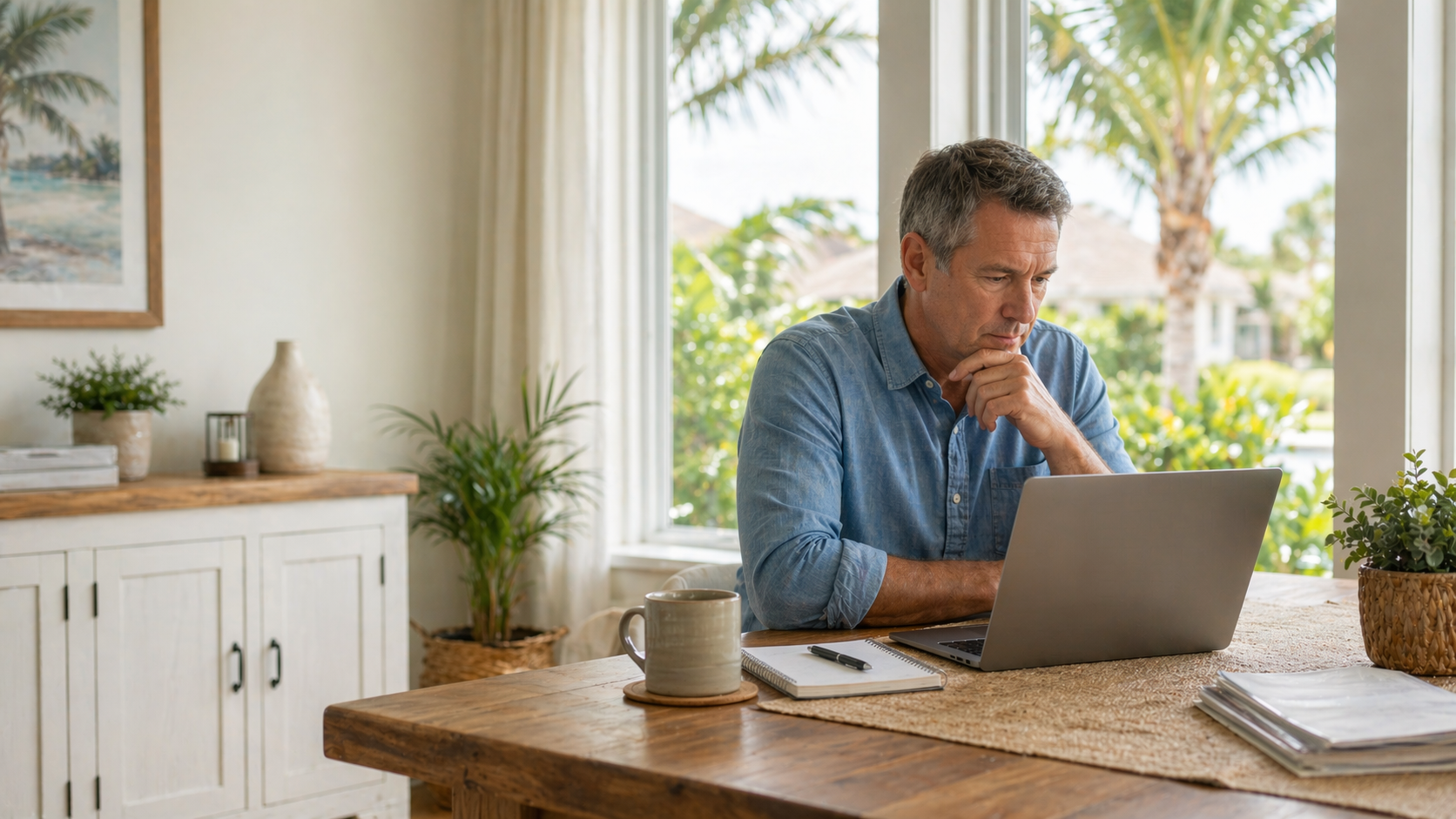 Florida homeowner reading home sale guidance at home