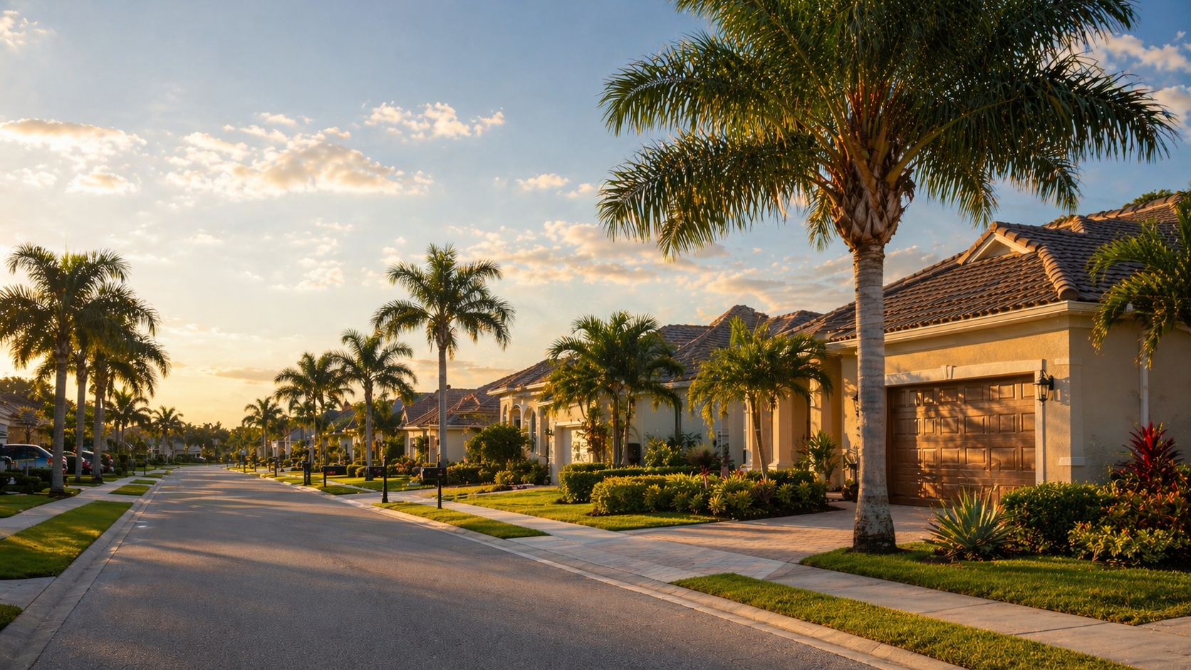 Fort Myers area neighborhood scene with well-kept homes and palms