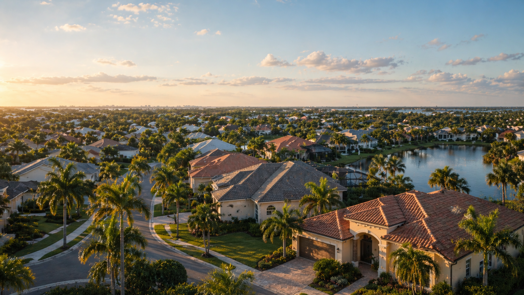 Southwest Florida county neighborhoods and homes in warm evening light