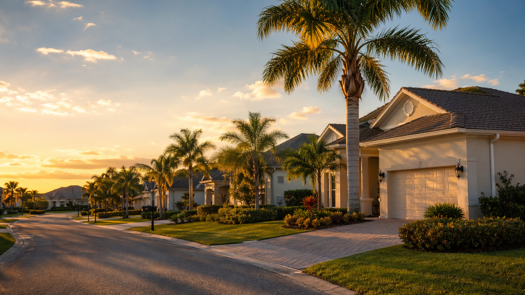 Southwest Florida residential streets and palm-lined neighborhoods at sunset