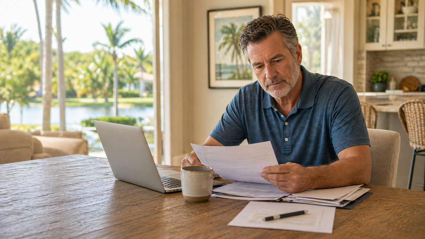 Florida homeowner reviewing direct home sale options at a kitchen table